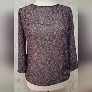 Ann Taylor LOFT Floral Sheer Blouse XS Pink Gray Long Sleeve Lightweight